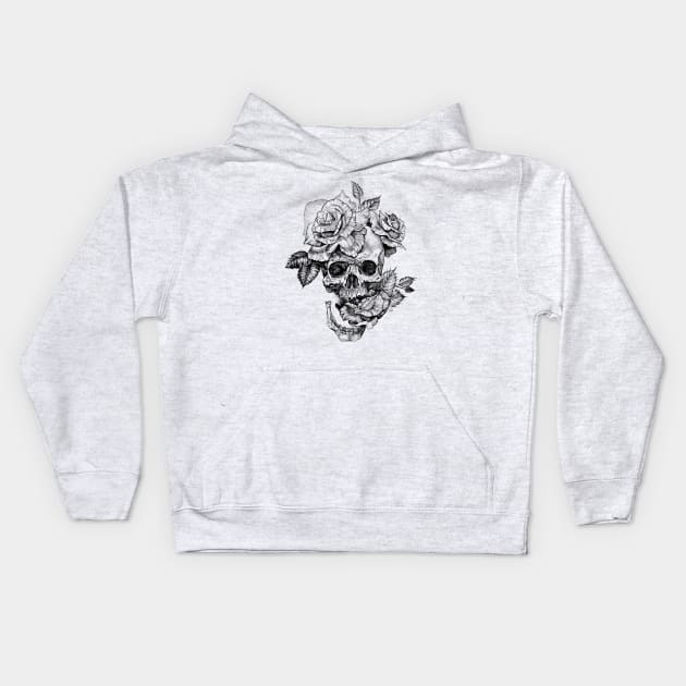 Black and White ink drawing Skull With Roses Kids Hoodie by Saraknid